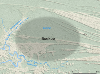 The approximate location of Fort Buku. The Buku creek (Dutch: Boekoekreek) is indicated at the bottom of the map. Boekoe locatie.png