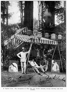 A Bohemian tent in the 1900s, sheltering Porter Garnett, George Sterling and Jack London Bohemian Grove Camp - Garnett, Sterling, London.jpg