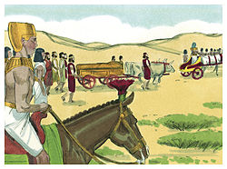 Joseph took Jacob's body back to Canaan. (1984 illustration by Jim Padgett, courtesy of Distant Shores Media/Sweet Publishing) Book of Genesis Chapter 50-2 (Bible Illustrations by Sweet Media).jpg