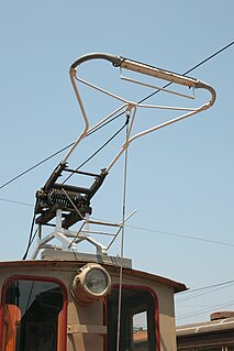 A bow collector on a small electric locomotive