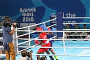 Deutsch: Boxen bei den Olympischen Jugendspielen 2018 Tag 12, 18. Oktober 2018 - Finale Fliegengewicht Mädchen – Martina La Piana (Italien, blau) schlägt Adijat Gbadamosi (Nigeria, rot) 5-0; Ringrichter ist James Beckles (Trinidad und Tobago). English: Boxing at the 2018 Summer Youth Olympics on 18 October 2018 – Girl's flyweight Gold Medal Bout - Martina La Piana (Italy, blue) beats Adijat Gbadamosi (Nigeria, red) 5-0; Referee is James Beckles (Trinidad and Tobago). Español: Boxeo en los Juegos Olímpicos Juveniles de Verano de 2018 en 18 de octubre de 2018 - Combate a medalla de oro de peso mosca para mujeres: Martina La Piana (Italia, azul) le gana a Adijat Gbadamosi (Nigeria, roja) 5-0; El árbitro es James Beckles (Trinidad y Tobago).