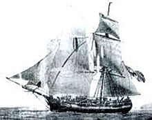 Foto em preto e branco de baixa qualidade de uma gravura do século XIX que mostra Brigantine Guerrero.