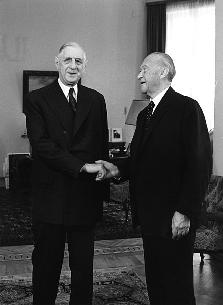 French President Charles de Gaulle shaking hands with West German Chancellor Konrad Adenauer in Bonn, in 1963