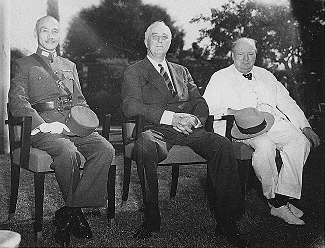 The Allied leaders of the Asian and Pacific Theater: Generalissimo Chiang Kai-shek, Franklin D. Roosevelt, and Winston Churchill meeting at the Cairo 