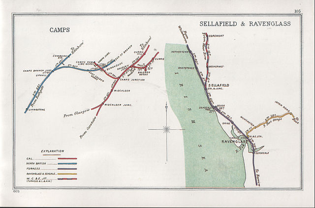 A 1903 Railway Clearing House Junction Diagram, showing (right) railways in the vicinity of Sellafield.
