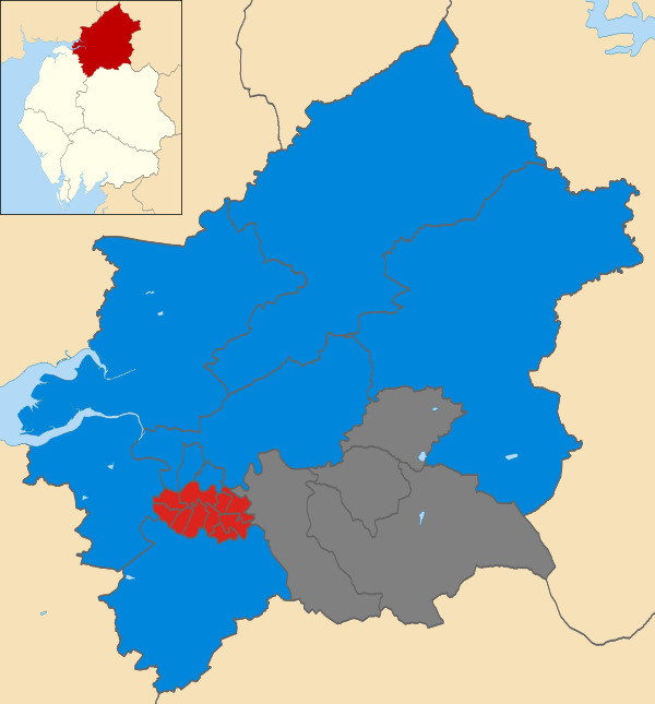 Map of the results of the 2011 Carlisle City Council election. Labour in red and Conservatives in blue. Wards in grey were not contested in 2011.