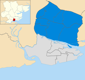 Map of the results of the 2010 Castle Point Borough Council election. Conservative in blue and Canvey Island Independent Party in light grey. Castle Point UK local election 2010 map.svg