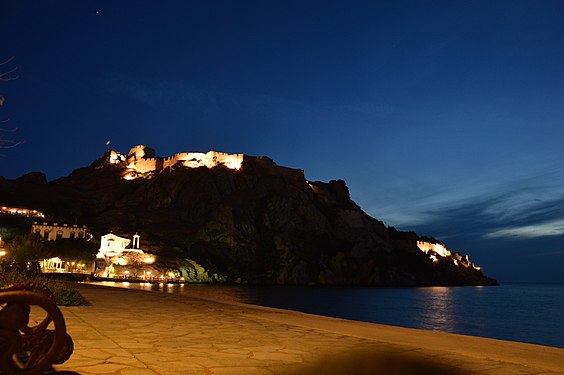 The castle of Myrina on the island of Lemnos in Greece by night.