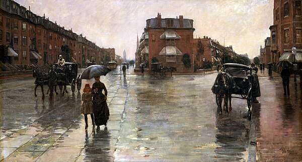 Rainy Day, Boston (1885), Toledo Museum of Art in Ohio, with "an uncanny resemblance" to Caillebotte's 1877 Paris Street; Rainy Day