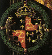 Early example of the Royal Arms of England with lion and dragon as supporters, from a painting of Edward VI dated c. 1547 Coa HenryVI MasterJohn.jpg