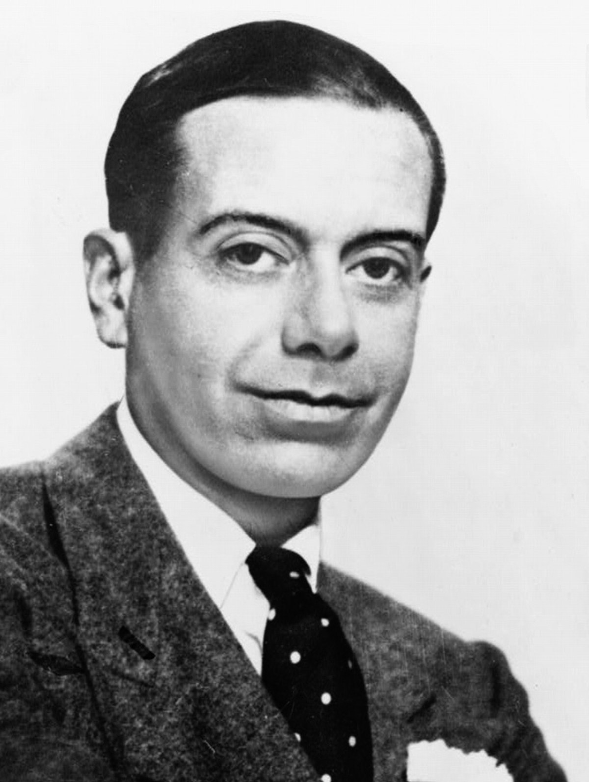 Caucasian man in his thirties smiling and looking to the camera. He has a round face， full lips and large dark eyes， and his short dark hair is combed to the side. He is wearing a dark jacket， a white shirt and a black tie with white dots.