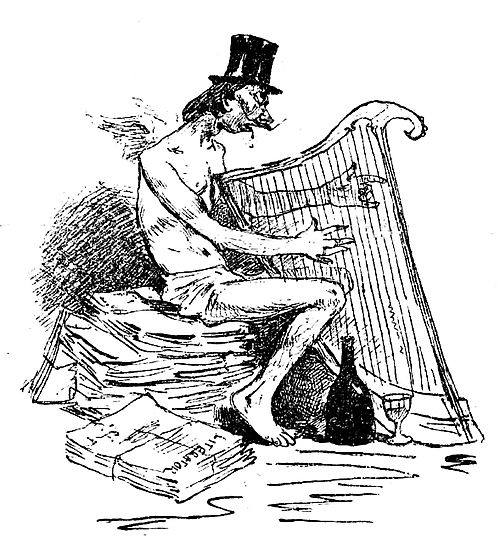 "The Symbolist poet", as portrayed by cartoonist Constantin Jiquidi. At the bottom, a stack of papers with the title Literatorul