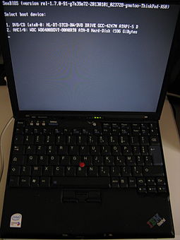 SeaBIOS, an open-source implementation of BIOS, running as coreboot payload on a Lenovo ThinkPad X60 Coreboot+seaBIOS+on-x60.JPG