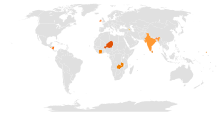 Countries with orange on their flags. The colour on the map corresponds to the tint of orange in the flag. Countries with orange on their flags.svg