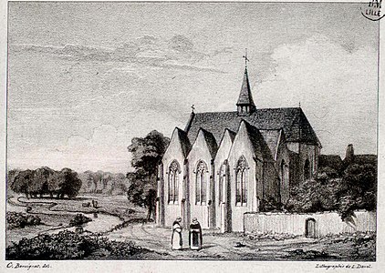 L'église du premier couvent, sur la gauche le Bucquet, sur la droite le mur délimitant le terrain au sud.