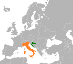 Mapa označující umístění Chorvatska a Itálie