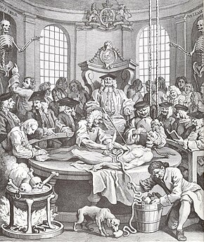 The Reward of Cruelty by William Hogarth, a 1751 depiction of anatomization of a criminal, a process which led to the binding of some anthropodermic books Cruelty4.JPG