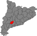 El mapa muestra en rojo la ubicación del viñedo Conca de Barberà en Cataluña.