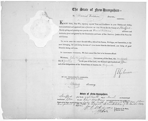 Order naming Daniel Waldron justice of the peace, Strafford County, 1815