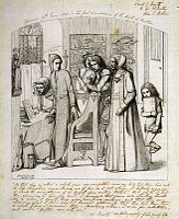 The First Anniversary of the Death of Beatrice label QS:Len,"The First Anniversary of the Death of Beatrice" label QS:Lpl,"Pierwsza rocznica śmierci Beatrycze" 1849. dessin à la plume et encre marron sur card. 15,7 × 12,6 pouces (40 × 32 cm). Birmingham Museum and Art Gallery.