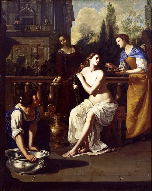 David and Bathsheba, by Artemisia Gentileschi, c. 1636. David is seen in the background, standing on a balcony.