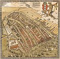 A birdseye view of Amsterdam circa 1544, looking south. The Damrak is the waterway at the center.