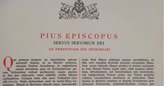 The 1570 bull Quo primum of Pope Pius V in a Roman Missal. Below the name of the pope Pius Episcopus (Pius Bishop) appears his title Servus servorum Dei. Not all papal documents begin in this way, but bulls do.