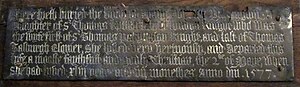 Memorial inscription of Dame Dorothy at Hawridge church, 1577 Dorothy Kitson's memorial.jpg