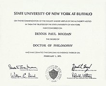A doctoral diploma awarded by the State University of New York at Buffalo DrDennisBogdan-PhD-Diploma-SUNYAB-1973.jpg