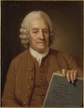 Porträtt av Emanuel Swedenborg vid 75 års ålder hållande manuskriptet av Apocalypsis Revelata (Uppenbarelseboken avslöjad) från 1766. Målningen är av Per Kraft och finns i Statens porträttsamling på Gripsholms slott.