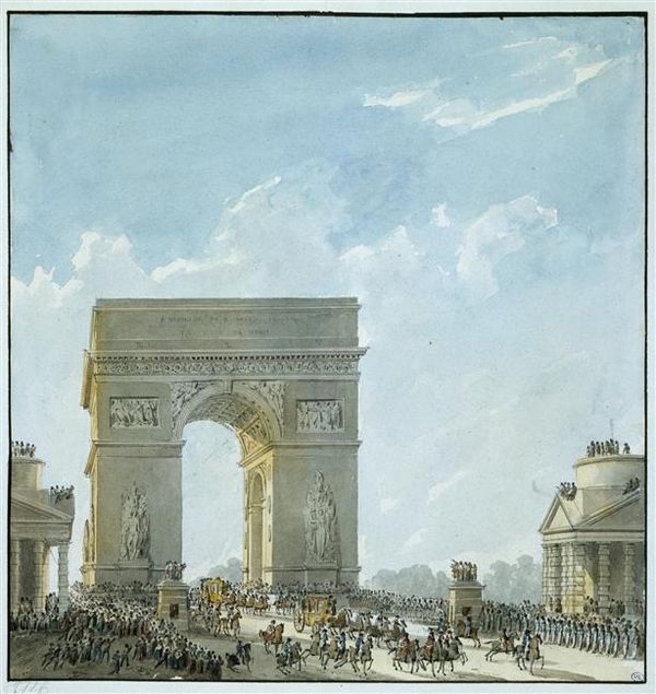The Barrière de l'Étoile buildings in front of a wooden mock-up of the Arc de Triomphe in 1810.