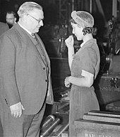 Loftus meets Ernest Bevin, the Ministry of Labour, at ROF Newport, c. 1943 Ernest Bevin visits No 11 Royal Ordnance Factory, Newport, Monmouthshire, Wales, UK, c.1943.jpg