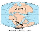 Мапа світу, що показує континенти 200 мільйонів років тому (Тріасовий період)