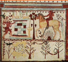 Fresque de la tombe des Taureaux de la nécropole de Monterozzi, Guet-apens de Troïlos par Achille