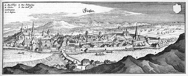 17th century engraving by Matthäus Merian, depicting Füssen.