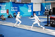 Deutsch: Fechten bei den Olympischen Jugend-Sommerspielen 2018: Tag 1, 7. Oktober 2018, Jungen, Säbel, Viertelfinale - Samuel Jarry (FRA) - Mazen Elaraby (EGY) 14:15 English: Fencing at the 2018 Summer Youth Olympics at 7 October 2018 – Boys' sabre Quarterfinals – Samuel Jarry (FRA) Vs Mazen Elaraby (EGY) 14:15