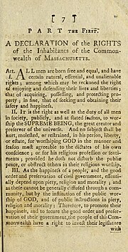 First articles, the Declaration of the Rights of the Inhabitants of the Commonwealth, in the 1780 Massachusetts Constitution First Articles of the 1780 Massachusetts Constitution.jpg
