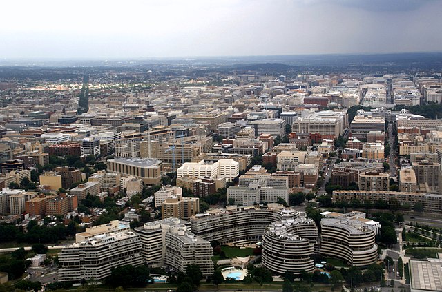 Aerial view of Foggy Bottom. The Watergate Complex is in the foreground.