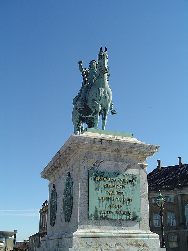 Jacque Saly's monumental sculpture of Frederik V on Horseback at Amalienborg Castle in Copenhagen, Denmark.