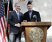 President George W. Bush and Hamid Karzai in Kabul, Afghanistan, on 1 March 2006. GW Bush and Hamid Karzai in Kabul 2006-03-01.jpg