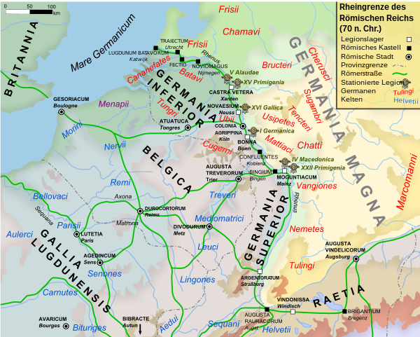 Roman Gaul and Germania east of the Rhine around 70 A. D.