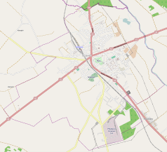 Mapa konturowa Grajewa, blisko centrum na prawo znajduje się punkt z opisem „Kasyno oficerskie w Grajewie”