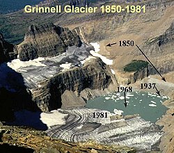 Grinnell Glacier in Glacier National Park (U.S.) showing recession since 1850 of 1.1 km USGS Grinnell Glacier2.jpg