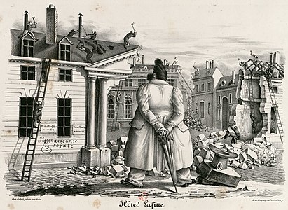 Louis-Philippe devant l'hôtel Laffitte - caricature dans Le Charivari autour de la souscription pour Laffitte.