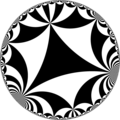 Tiling of hyperbolic plane by triangles: π/6, 0, 0. Generated by Python code at User:Tamfang/programs.