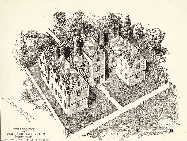 An illustration of the first building at Harvard College prior to its construction by Samuel E. Morison