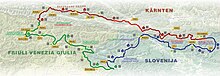 Hauptroute des Julius Kugy Alpine Trail auf einen Blick (Reliefbild)