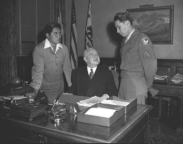 Published 1947 caption: "Ira Hayes, left, a Pima Indian survivor of the Mt. Suribachi Flag-raising, and Sgt. Henry Reed, Indian veteran of Bataan Deat