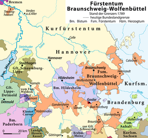 Территория княжества-епископства в 1789 году, сформировавшаяся к 1643 году.