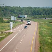 Route 2 outside Moncton, New Brunswick. Note the wide median. Highway2 OutsideMoncton.jpg